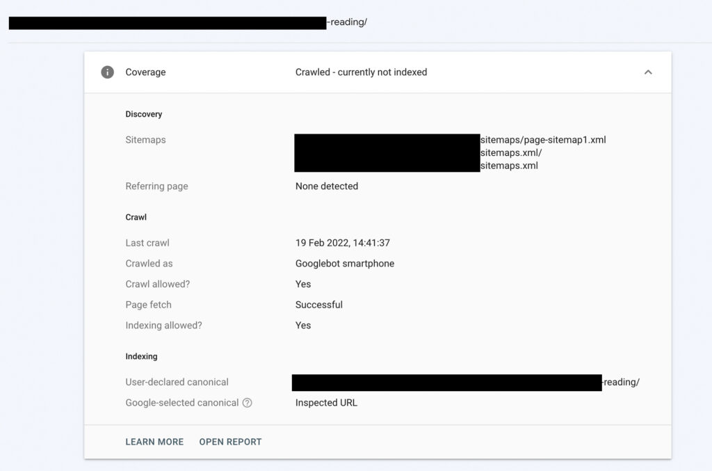Crawled not indexed status in Search Console