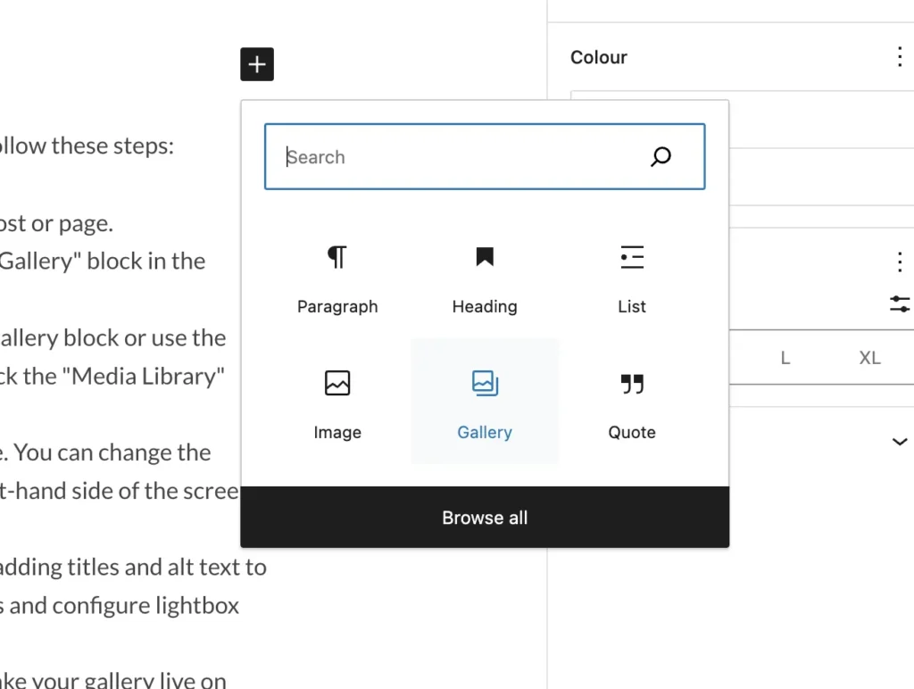 Gallery Block settings in WordPress editor