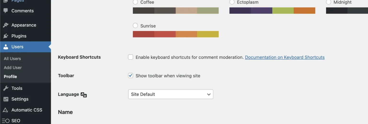 Untick Show toolbar when viewing site in WordPress User Profile