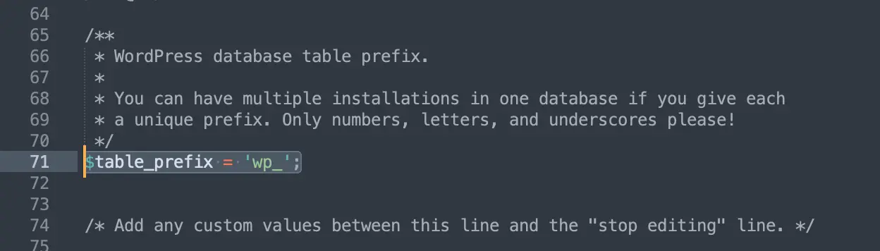 wp-config.php file showing preset table prefix in WordPress