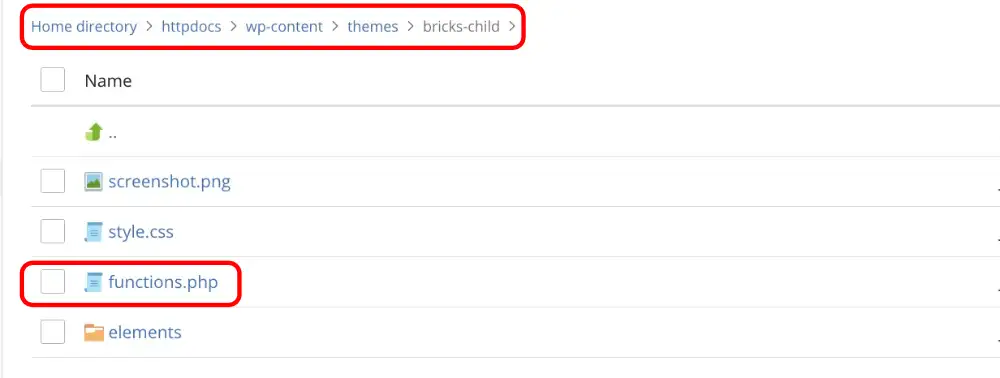 Directory showing functions.php location