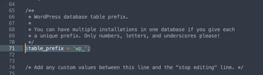 Wp config file showing preset